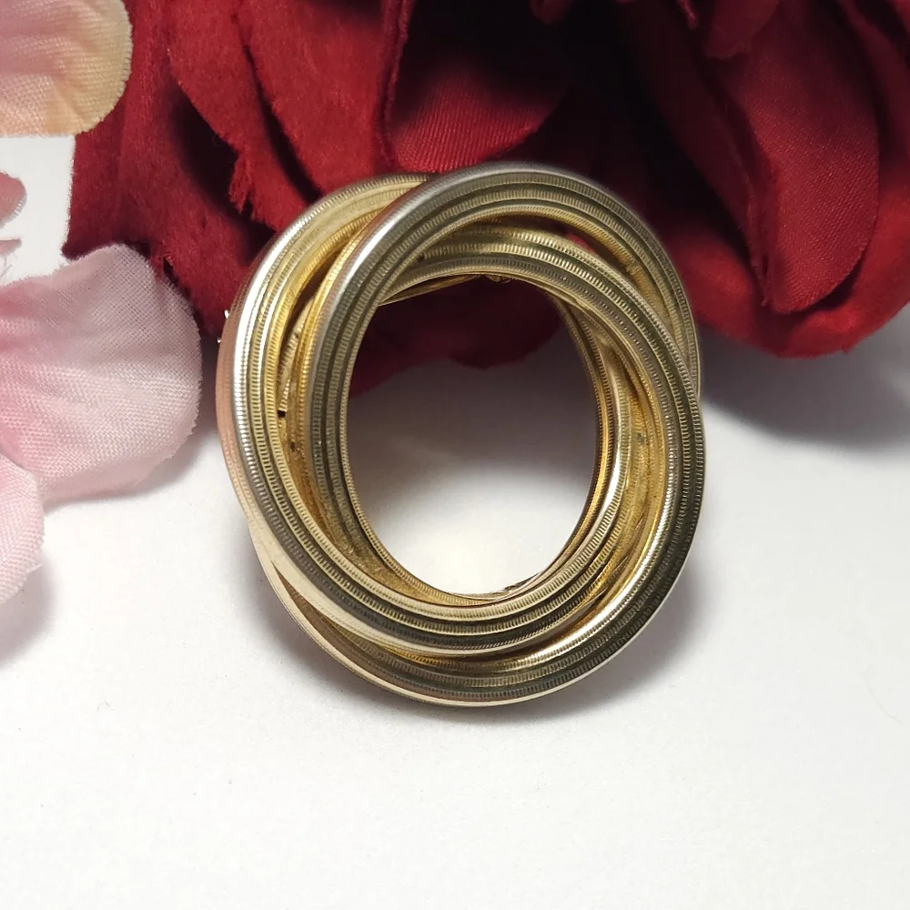 Vintage Gold Tone Triple Circle Braided Brooch Statement Brooch